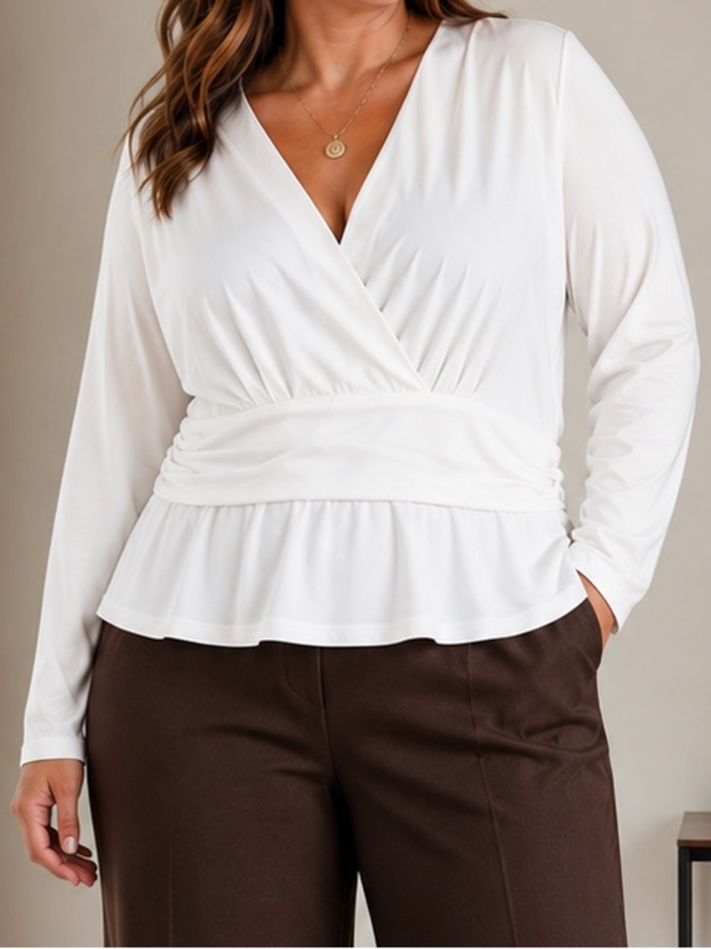 Brooks Brothers Top White Faux Wrap Peplum Deep V-Neck Long Sleeve Ivory XL NWT